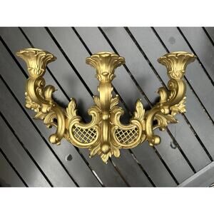VINTAGE SYROCO 1966 WALL SCONCE HOLDS 3 TAPER CANDLES GOLD HOLLYWOOD REGENCY